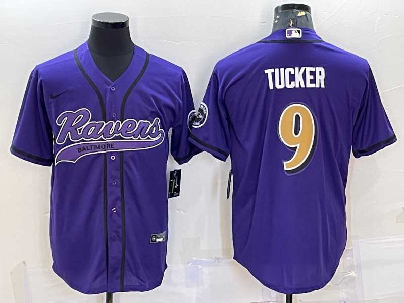 Mens Baltimore Ravens #9 Justin Tucker Purple Gold With Patch Cool Base Stitched Baseball Jersey->baltimore ravens->NFL Jersey